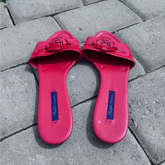 Lauren Ralph Lauren Purple Label Patent Logo Slide Sandals Red Size 6‎